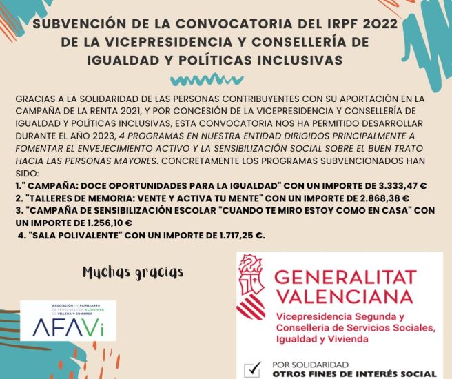 SUBVENCIÓN DE LA CONVOCATORIA DEL IRPF 2022 DE LA VICEPRESIDENTA Y CONSELLERÍA DE IGUALDAD Y POLÍTICAS INCLUSIVAS