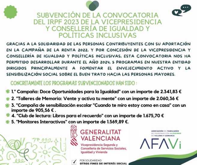 SUBVENCIÓN DE LA CONVOCATORIA DEL IRPF 2023 DE LA VICEPRESIDENCIA Y CONSELLERÍA DE IGUALDAD Y POLÍTICAS INCLUSIVAS