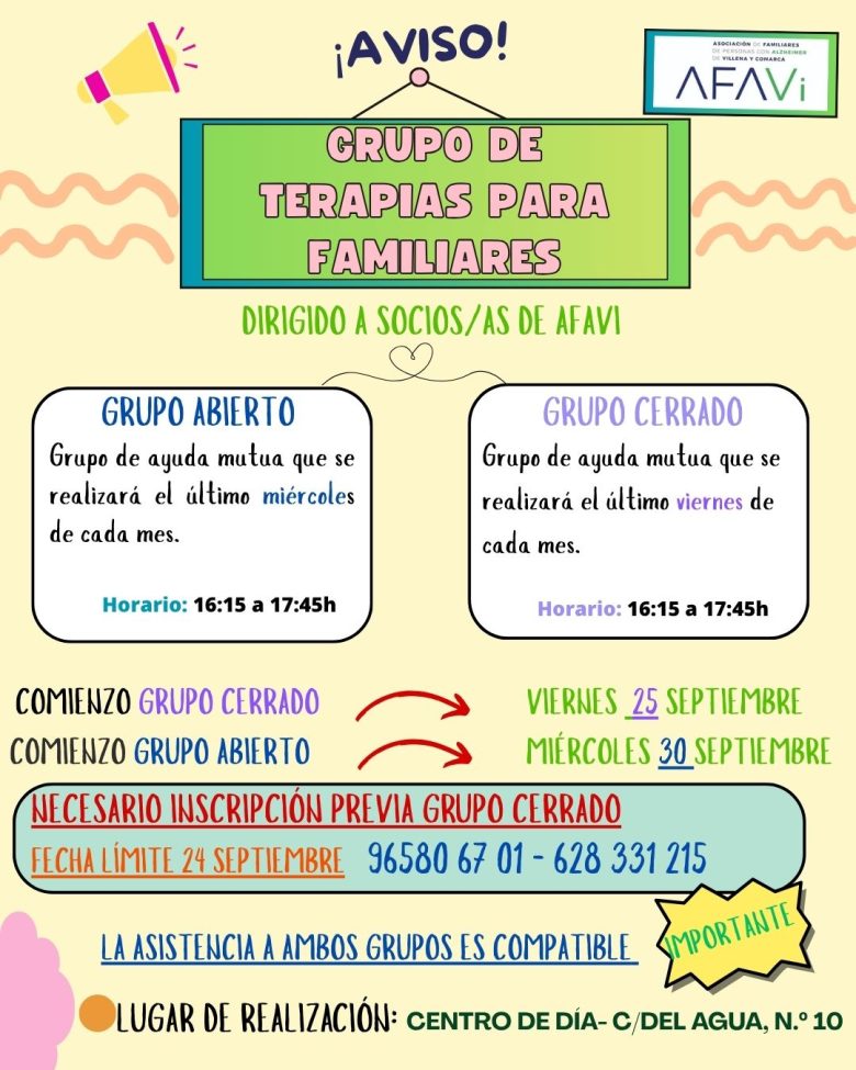APERTURA DE INSCRIPCIONES TERAPIAS PARA FAMILIARES DE PERSONAS CON ALZHEIMER