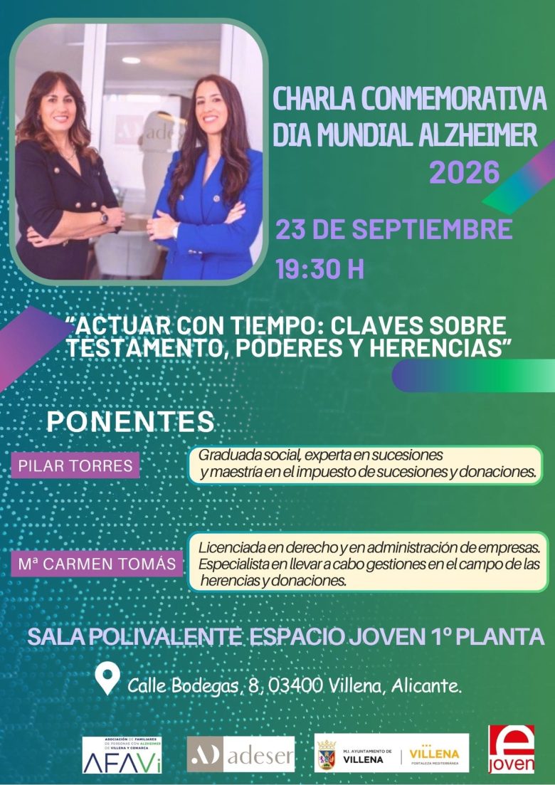 CHARLA CONMEMORATIVA DIA MUNDIAL ALZHEIMER 23 DE SEPTIEMBRE 19:30H ESPACIO JOVEN VILLENA